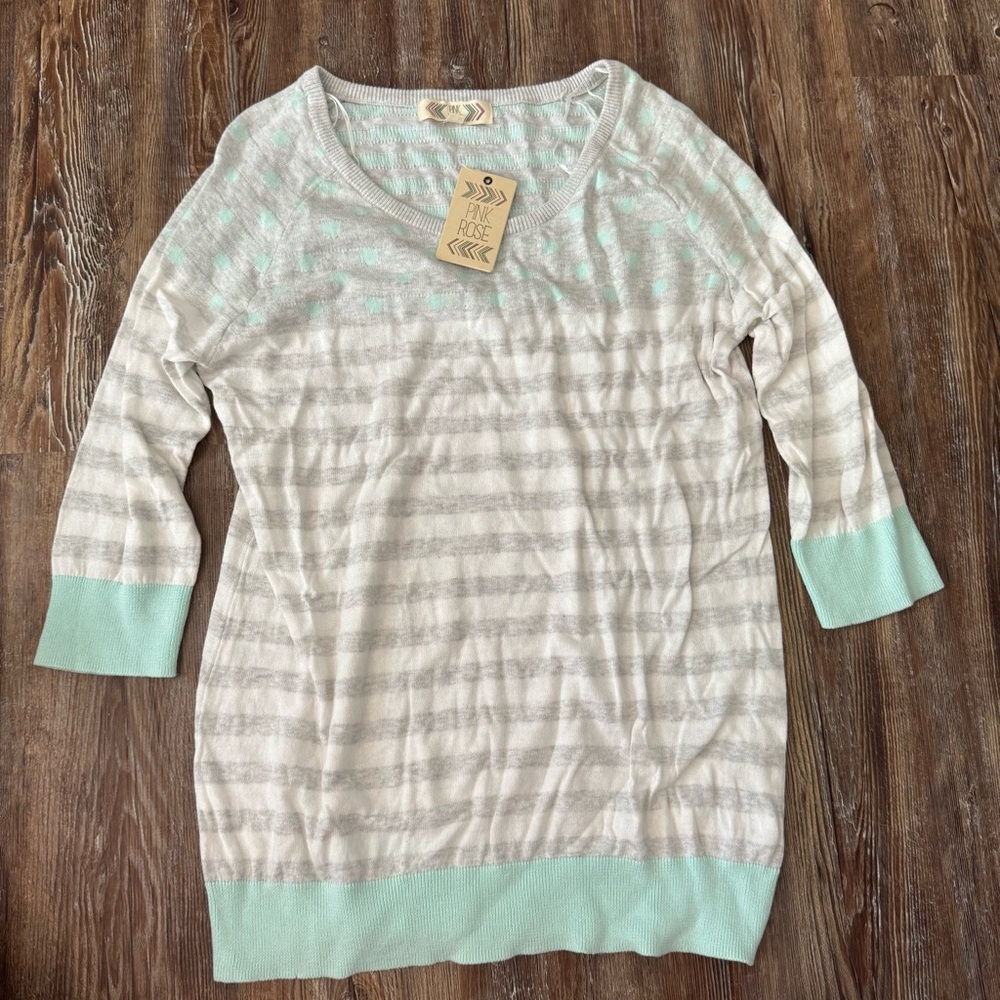 NWT Pink Rose Gray and Mint Striped Sweater
